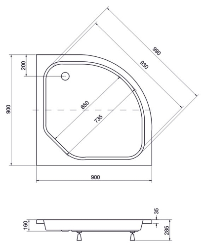 Besco Diper II 90x90 cm-es magasított negyedköríves zuhanytálca