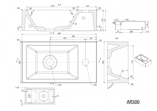 Sapho AMAROK öntöttmárvány mosdó 40x11x22cm, jobbos, fehér (AR500)