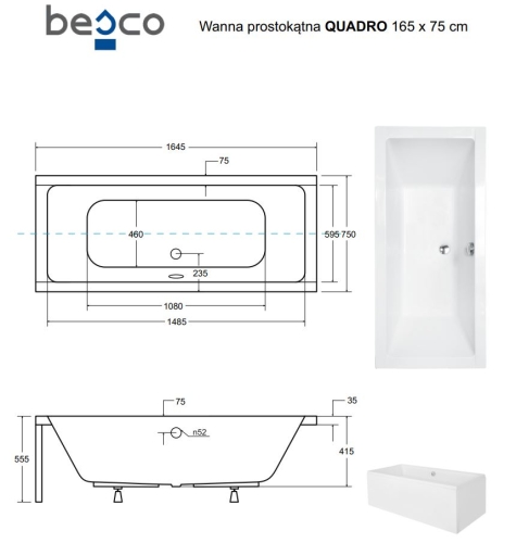 Besco QUADRO 165x75 cm egyenes kád, fehér WAQ-165-PK