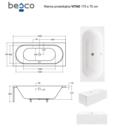 Besco VITAE 170x75 cm egyenes kád, fehér WAV-170-PK