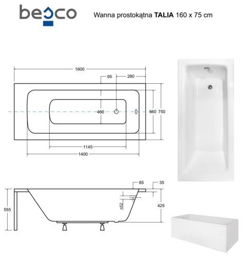 Besco TALIA PREMIUM 160x75 cm egyenes kád fejpárnával és kapaszkodóval, fehér WAT-160-PKP