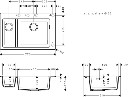 Hansgrohe S510-F635 beépített mosogató 180/450 két medencével kőszürke 43315290