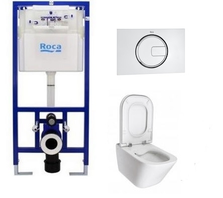 Roca Duplo falbaépített tartály PL4 nyomólappal, The Gap perem nélküli fali WC-vel, normál wc ülőkével