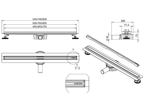 AREZZO Design 500 mm-es keskeny rozsdamentes acél folyóka AR-500K