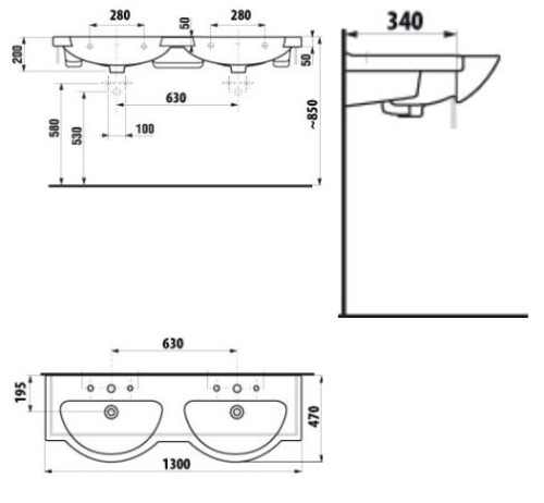 Jika Mio 130x47 cm dupla mosdó csaplyukkal Jika Perla felülettel H8147191001041 (8.1471.9.100.104.1)
