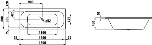 Laufen SOLUTIONS 180x80 cm egyenes kád H2245000000001