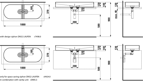 Laufen Sonar 100x37 cm pultra ültethető dupla mosdó H8123480001121