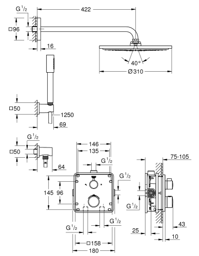 Grohe Grohtherm Rainshower Cosmo 310 falsík alatti termosztátos zuhanycsaptelep szett, 2 funkciós 34730000