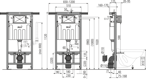 Alcaplast AM102/1120V falsík alatti wc tartály szellőző előkészítéssel (panellakások fürdőszobáinak átépítéséhez)