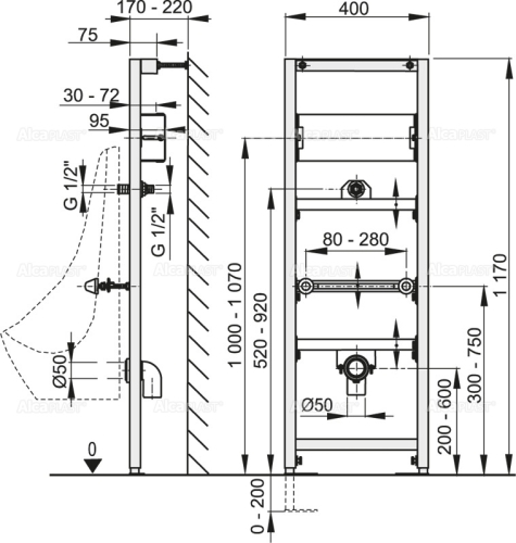 Alcaplast A107S/1200 szerelőkeret piszoárhoz és szenzorhoz