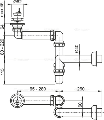 Alcaplast A413 helytakarékos mosdószifon DN63