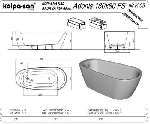 Kolpa-San Adonis-FS 180x80/O BLACK/WHITE szabadon álló fürdőkád 936280