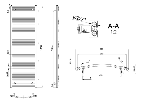 Sapho AQUALINE ORBIT 600x1868mm íves fürdőszobai radiátor, fehér ILO86E