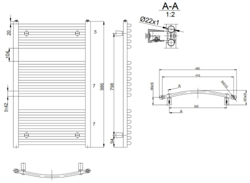 AQUALINE Fürdőszobai radiátor, 450x986mm, 432W, íves fehér ILO94E