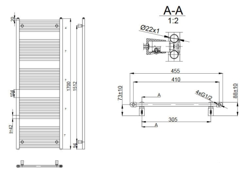 AQUALINE Fürdőszobai radiátor, 450x1700mm, 722W, egyenes fehér ILR64E