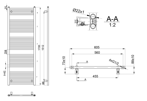 Sapho AQUALINE DIRECT Fürdőszobai radiátor, egyenes, 600x1700mm, 914W, fehér ILR66E