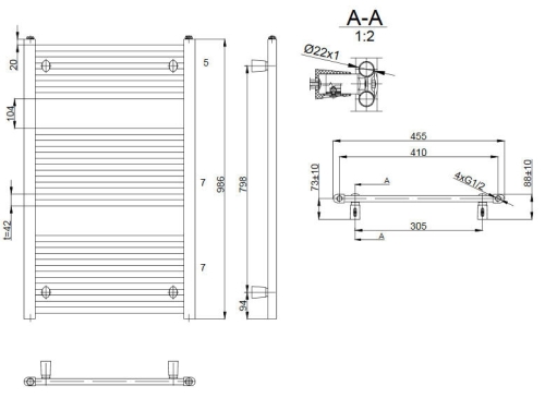 AQUALINE Fürdőszobai radiátor, 450x986mm, egyenes fehér ILR94E