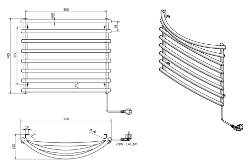 Sapho AQUALINE 570x465 mm elektromos törölközőszárító radiátor, fehér SU110A