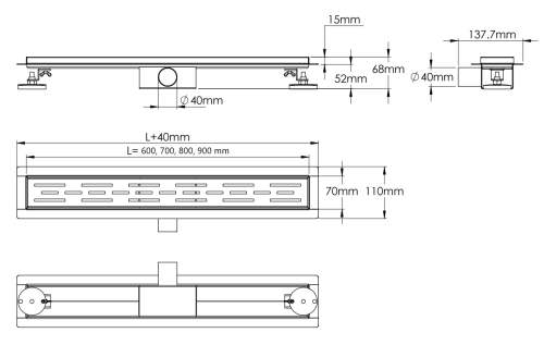 Roltechnik rozsdamentes zuhanyfolyóka, mintás ráccsal 900 mm, RRF4-900