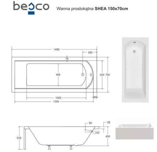 Besco SHEA 150x70 cm egyenes kád, fehér WAS-150-PK