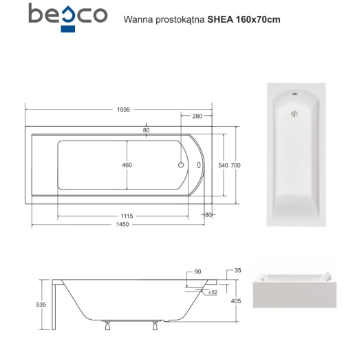 Besco SHEA 160x70 cm egyenes kád, fehér WAS-160-PK