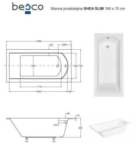 Besco SHEA SLIM 160x70 cm egyenes kád, fehér WAS-160-SL