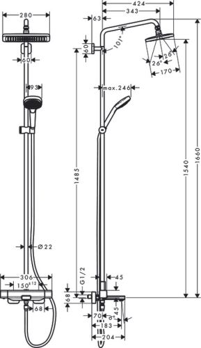 Hansgrohe Croma E Showerpipe 280 1jet termosztátos kádtöltős zuhanyrendszer 27687000