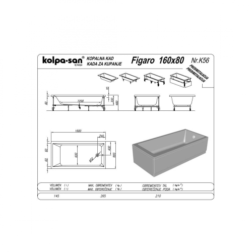 Kolpa-San Figaro 160x80 Beépíthető egyenes fürdőkád alacsony beépítési magassággal (30 cm) 596090