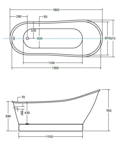 Besco Gloria Glam 160x68 cm szabadonálló kád, graphite