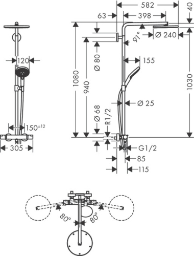 Hansgrohe Raindance Select S Showerpipe 240 1jet termosztátos zuhanyrendszer, matt fekete 27633670