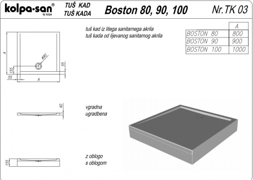 Kolpa-San Boston 100x100/O előlapos zuhanytálca 995180