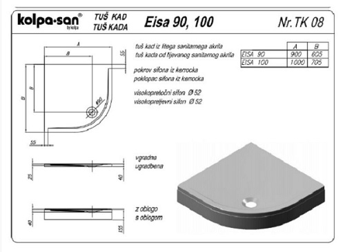 Kolpa-San Eisa 90x90 negyedköríves zuhanytálca 995200