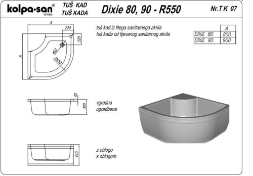 Kolpa-San Dixie 90x90/O előlapos negyedköríves zuhanytálca 788730