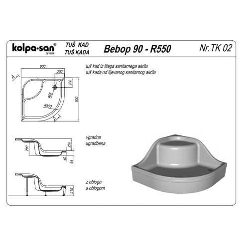 Kolpa-San Bebop 90x90/O előlapos negyedköríves zuhanytálca ülőkével 788740