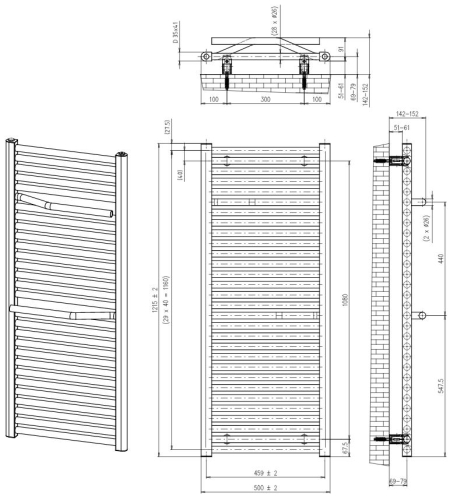 Aqualine SIBU radiátor, 2 db törölközőtartóval, 500x1215cm, fehér IL512