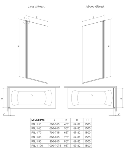 Radaway Nes PNJ 50 J kádparaván 50 cm, jobbos 10011050-01-01R