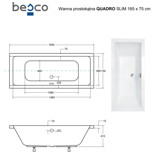 Besco QUADRO SLIM 165x75 cm egyenes kád, fehér WAQ-165-SL