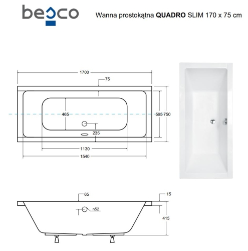 Besco QUADRO SLIM 170x75 cm egyenes kád, fehér WAQ-170-SL