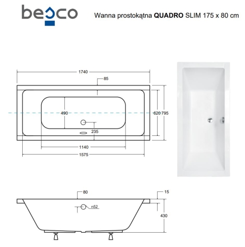 Besco QUADRO SLIM 175x80 cm egyenes kád, fehér WAQ-175-SL