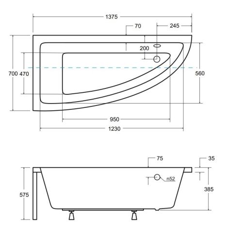 Besco PRAKTIKA 140x70 cm balos aszimmetrikus kád, fehér WAP-140-NL