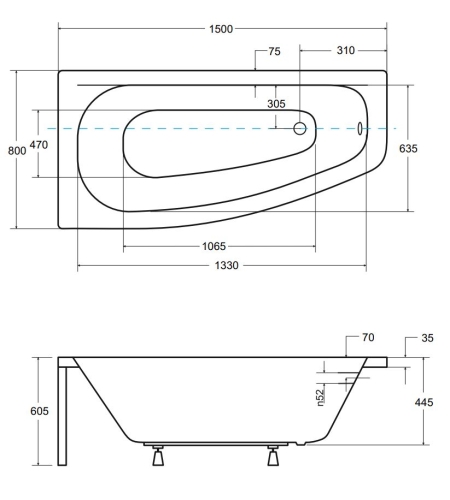 Besco LUNA 150x80 cm balos aszimmetrikus kád, fehér WAL-150-NL
