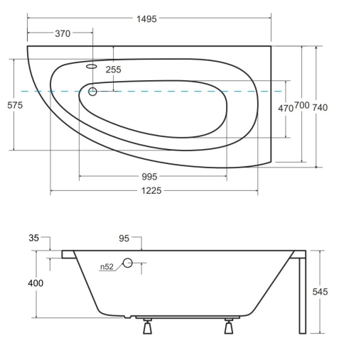 Besco MILENA 150x70 cm jobbos aszimmetrikus kád, fehér WAM-150-NP