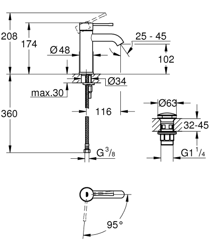 Grohe Essence egykaros mosdó csaptelep Cold start-os Click-clack leeresztővel, S-méret 23797001