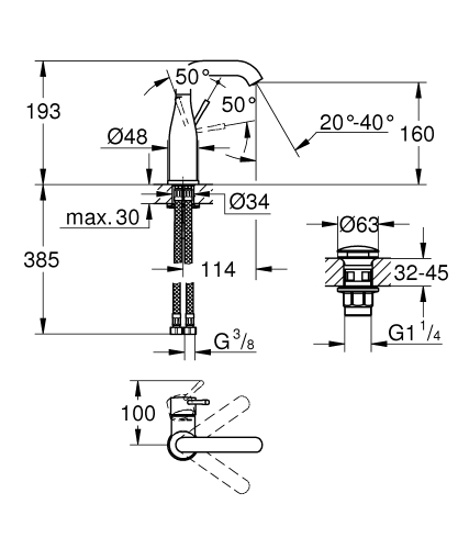 Grohe Essence egykaros mosdó csaptelep Click-clack leeresztóvel, M-méret 23798001