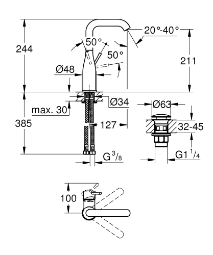 Grohe Essence egykaros mosdó csaptelep Click-clack leeresztővel, L-méret 23799001