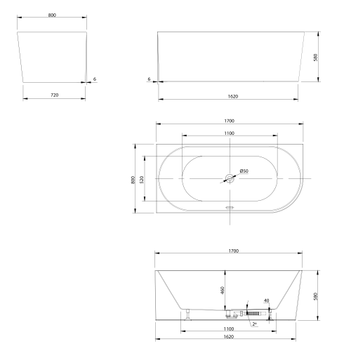 Sapho AQUALINE TIBERA L 170x80 cm balos szabadon álló akril kád, fehér E1026