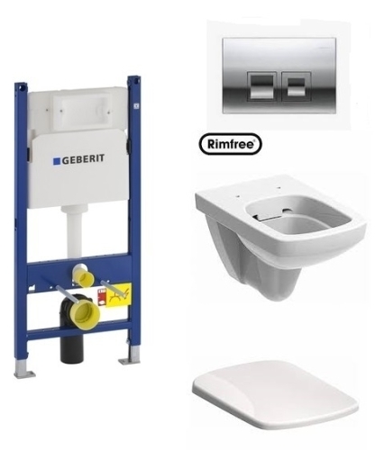 Geberit Duofix Basic 111.153.00.1 szerelő elem kompletten króm nyomólappal, Selnova Square 500.275.01.1 perem nélküli wc-vel, lassú záródású ülőkével