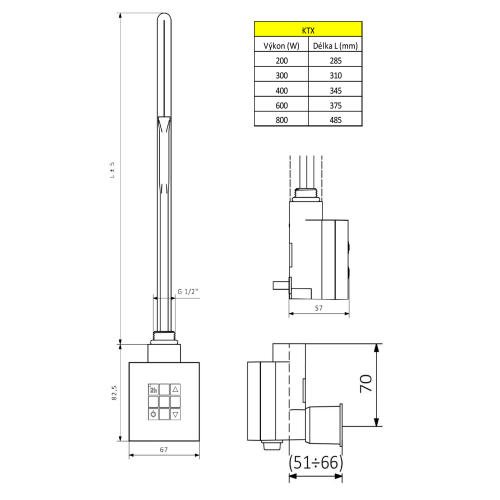 Sapho KTX WALL Elektromos termosztátos fűtőpatron, 600W, króm KTX-CW-600