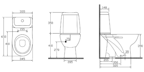 AQUALINE RIGA monoblokkos WC, alsó kifolyású, króm duál gombos öblítőmechanika RG801