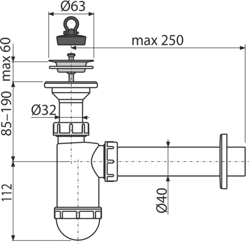 Alcaplast A41 Mosdószifon DN40 rozsdamentes leeresztővel DN63